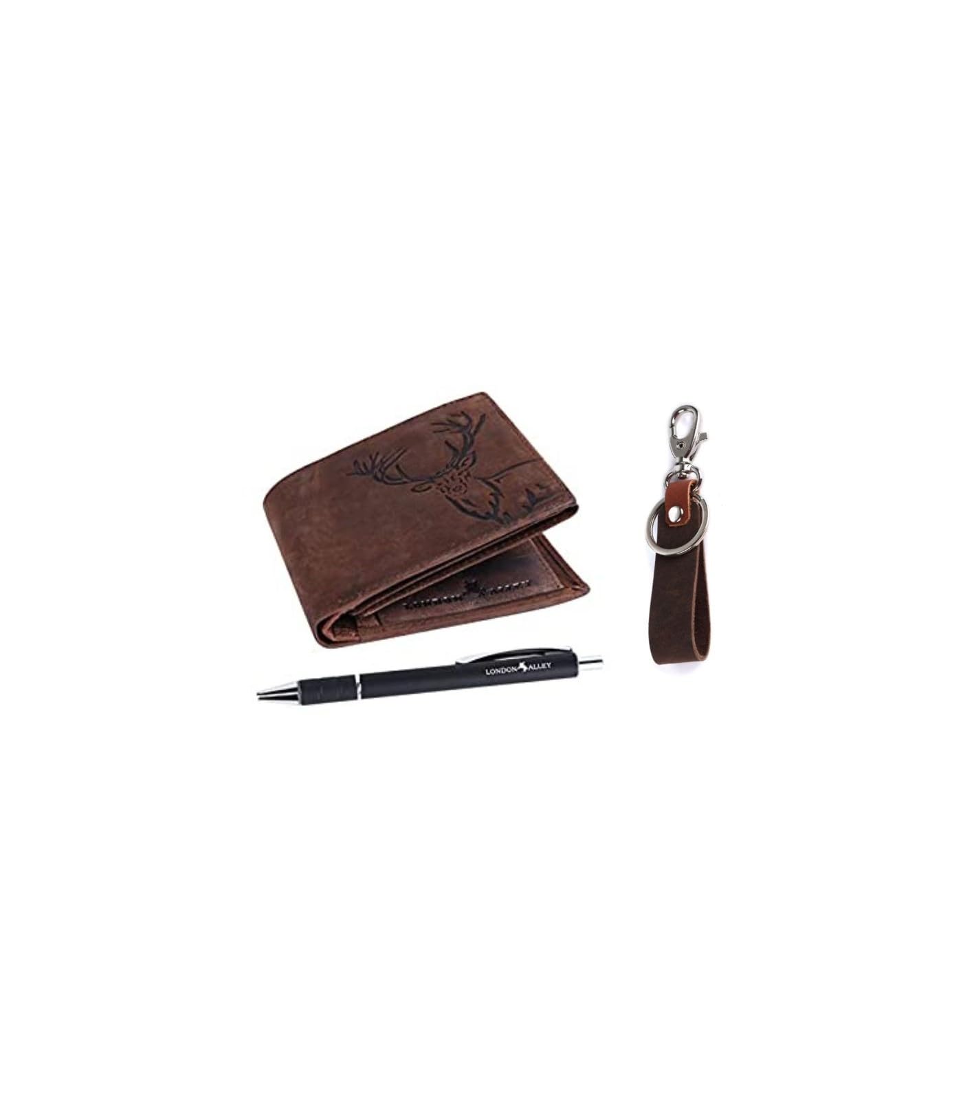 LONDON ALLEY Jason Vintage Brown Leather Wallet, Keyring & Pen Combo Gift Set for Men | Gift Hamper for Men - Image 3
