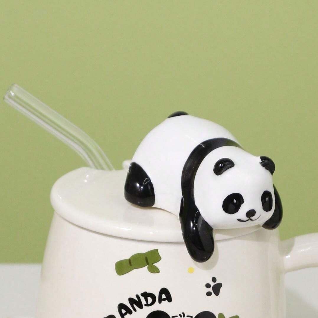 Vasukie 3D Panda Ceramic Coffee Mug with Lid & Glass Spoon, Gift for Brother, Birthday, Rakhi, Panda Mug White, 420ml - Image 4