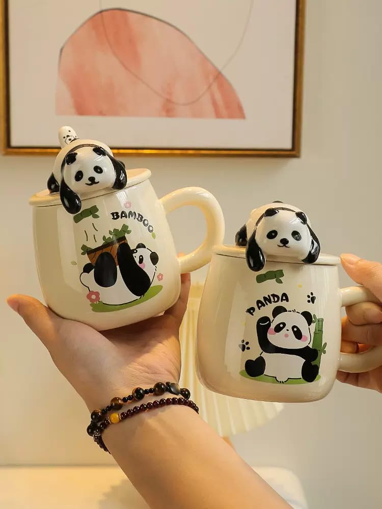 Vasukie 3D Panda Ceramic Coffee Mug with Lid & Glass Spoon, Gift for Brother, Birthday, Rakhi, Panda Mug White, 420ml - Image 3