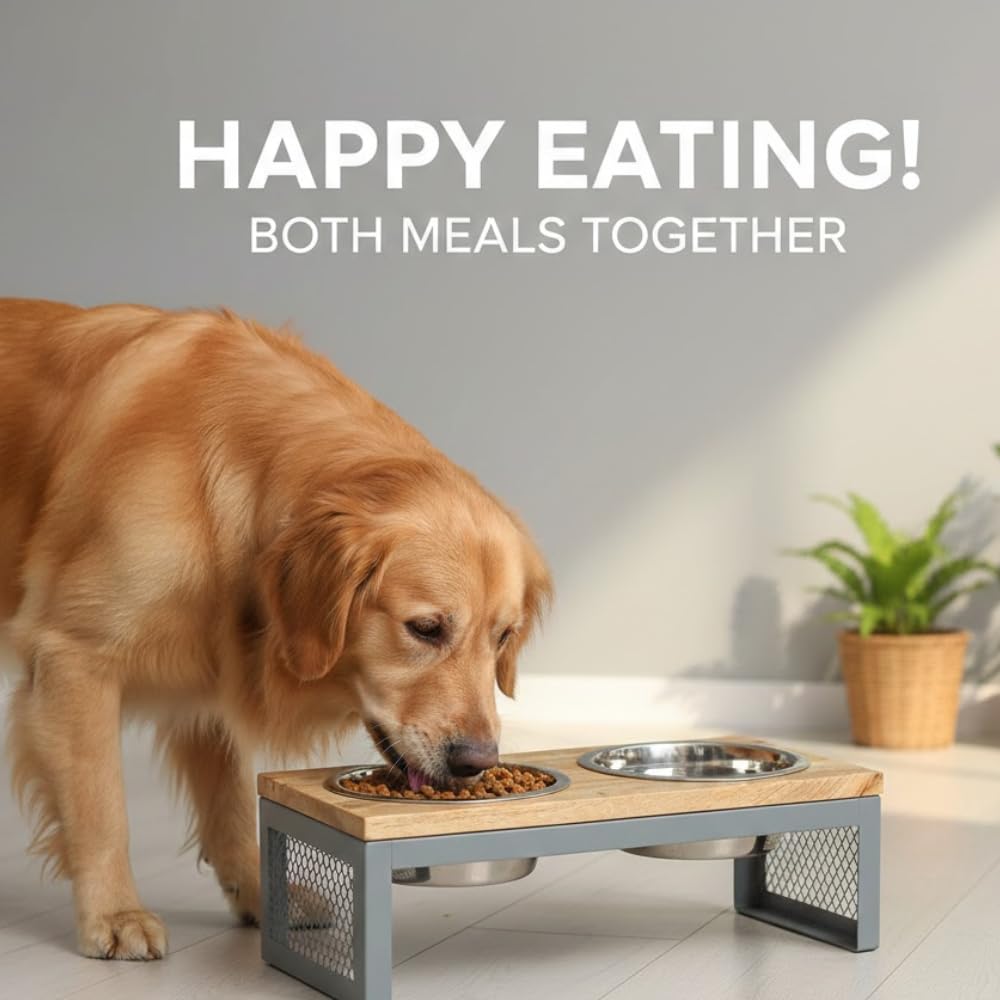 Pawpourri Pet Diner Stainless Steel Pet Bowl Combo with Wooden Base | Double Feeding Bowl Combo for Providing Food and Water to Beloved Dog, Puppies & Cats with 740ml Each Bowl - Image 4