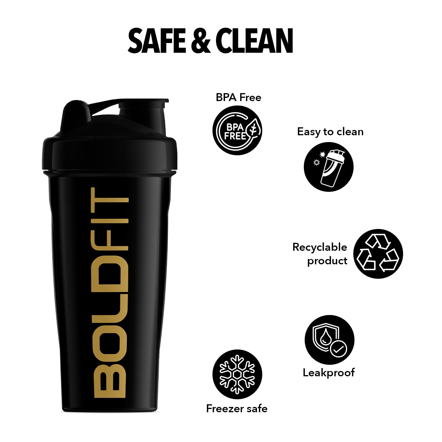 Boldfit Bold Gym Shaker Bottle 700ml, Bottles For Protein Shake 100% Leakproof Guarantee Protein Shaker/Sipper, Ideal For Protein, Pre Workout And BCAAs & Water BPA Free Material,Plastic,Black - Image 6