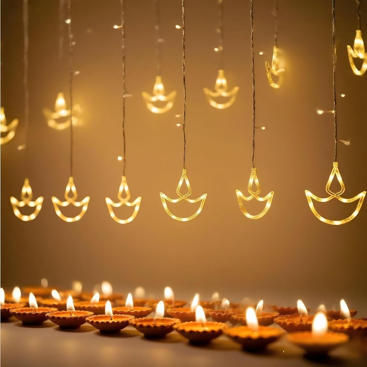 FLYNGO 12 Diya Diwali Curtain String LED Lights for Decoration, Window Lights with 8 Flashing Modes, Home Decoration for Diwali, Wedding, Party, Christmas, Balcony - Warm White (12 Diya) - Image 6