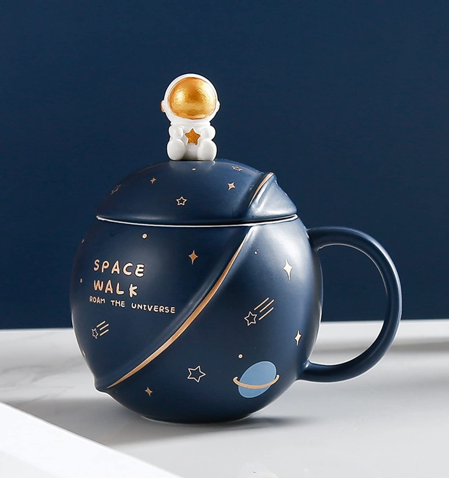 Coffee Mug, Gift for Man, Mugs for Present, Birthday Present for Brother, Astronaut Planet Coffee Mug with 3D Creative Space, Lid & Spoon (400ml-Dark Blue) - Image 2