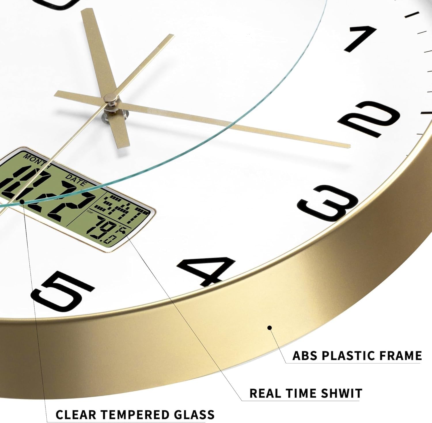 VOLANTIS 12 Inch Non-Ticking Silent Wall Clock with LCD Display for Perpetual Calendar and C° Temperature, Ideal Modern Stylish Clock for Home, Living Room, Bedroom, Office (White & Gold) - Image 3