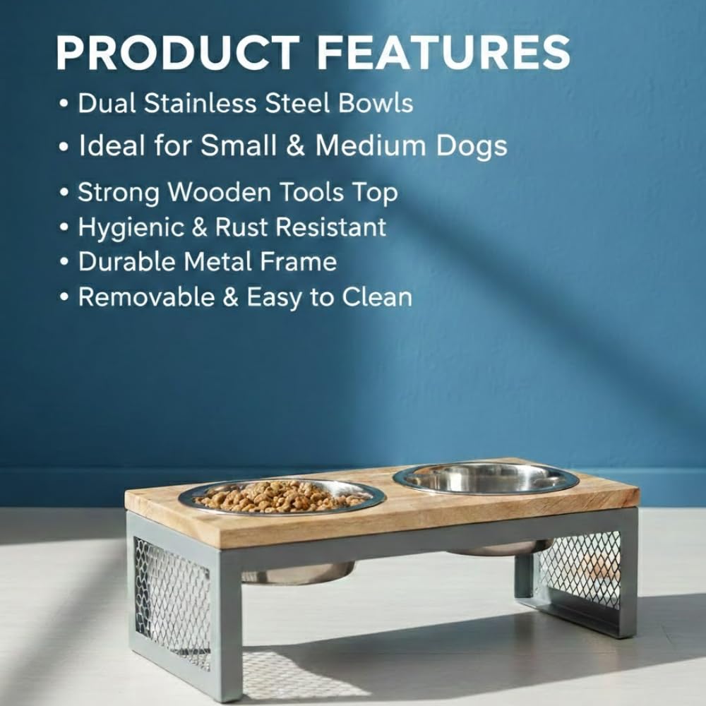 Pawpourri Pet Diner Stainless Steel Pet Bowl Combo with Wooden Base | Double Feeding Bowl Combo for Providing Food and Water to Beloved Dog, Puppies & Cats with 740ml Each Bowl - Image 6