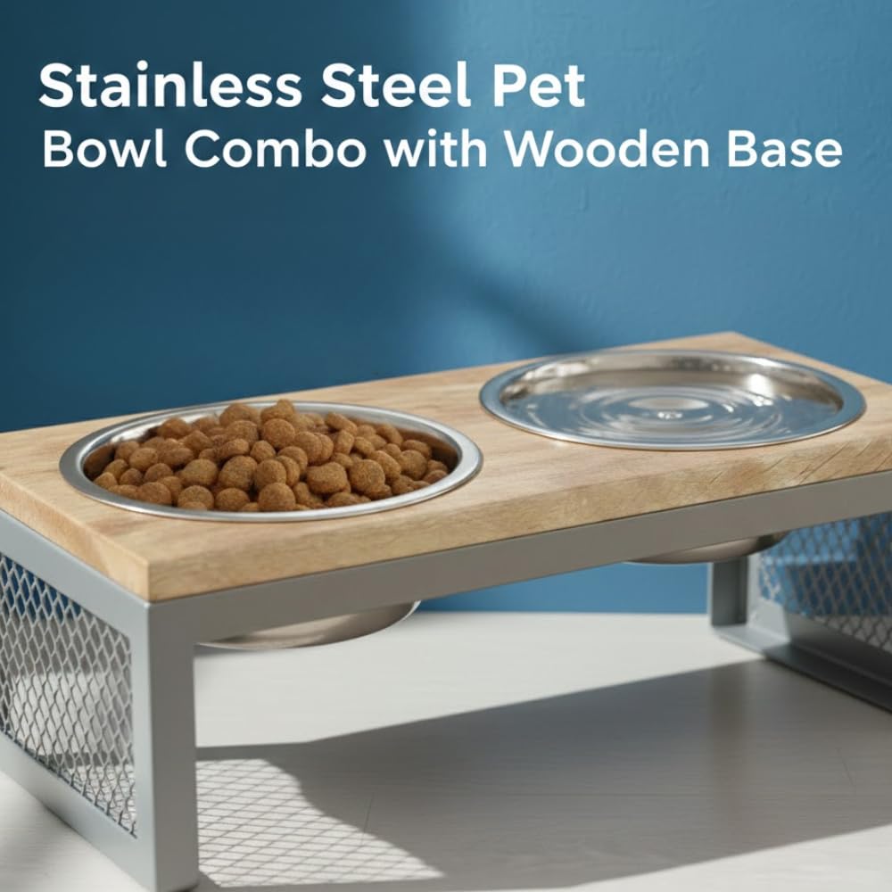 Pawpourri Pet Diner Stainless Steel Pet Bowl Combo with Wooden Base | Double Feeding Bowl Combo for Providing Food and Water to Beloved Dog, Puppies & Cats with 740ml Each Bowl - Image 8