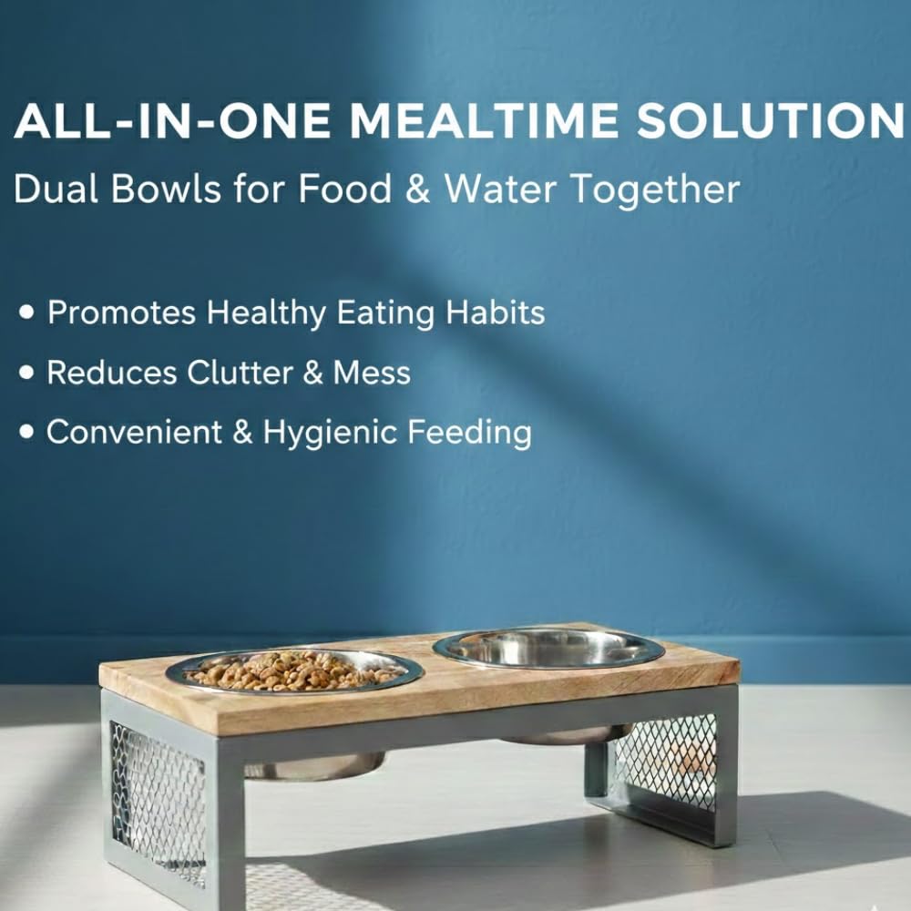 Pawpourri Pet Diner Stainless Steel Pet Bowl Combo with Wooden Base | Double Feeding Bowl Combo for Providing Food and Water to Beloved Dog, Puppies & Cats with 740ml Each Bowl - Image 3