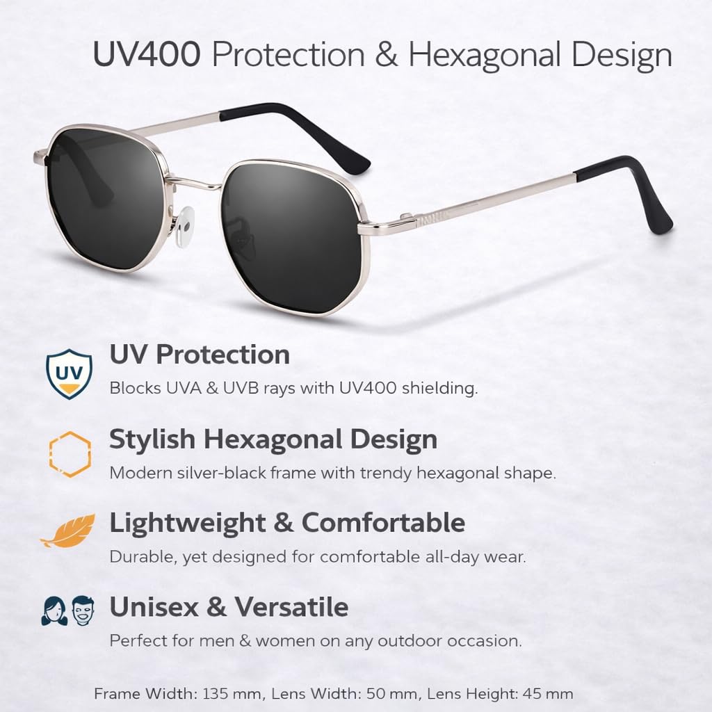 Dervin UV Protected Hexagonal Sunglasses for Men and Women (Silver-Black) - Image 7