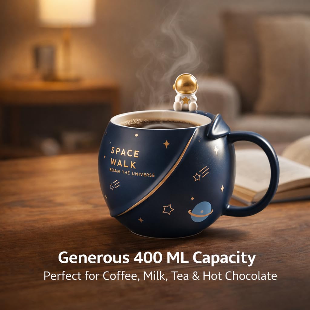Coffee Mug, Gift for Man, Mugs for Present, Birthday Present for Brother, Astronaut Planet Coffee Mug with 3D Creative Space, Lid & Spoon (400ml-Dark Blue) - Image 9