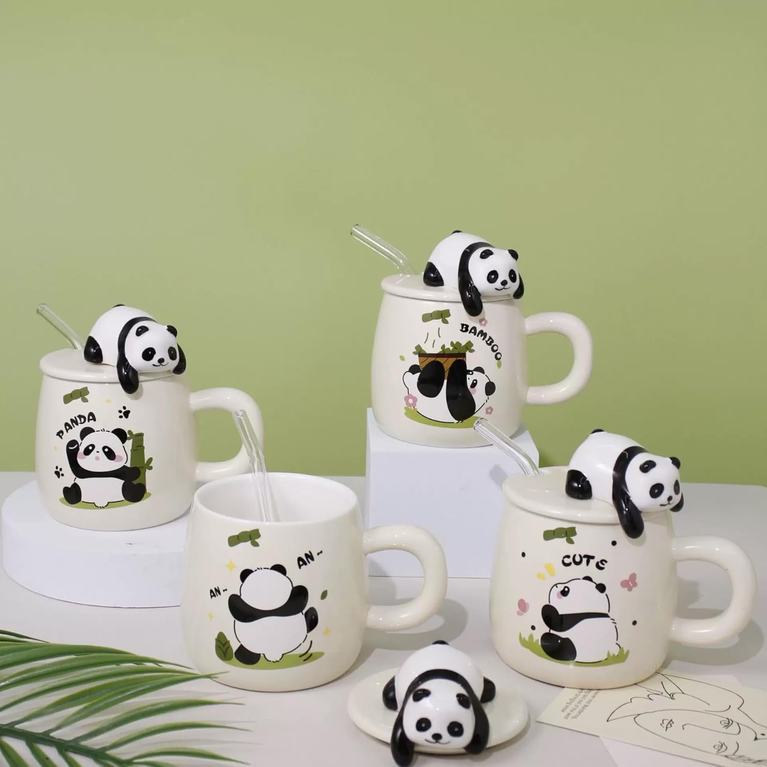 Vasukie 3D Panda Ceramic Coffee Mug with Lid & Glass Spoon, Gift for Brother, Birthday, Rakhi, Panda Mug White, 420ml