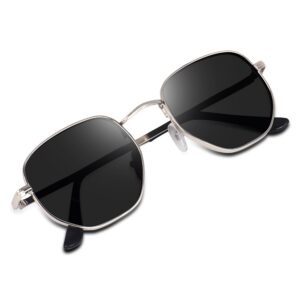 Dervin UV Protected Hexagonal Sunglasses for Men and Women (Silver-Black)