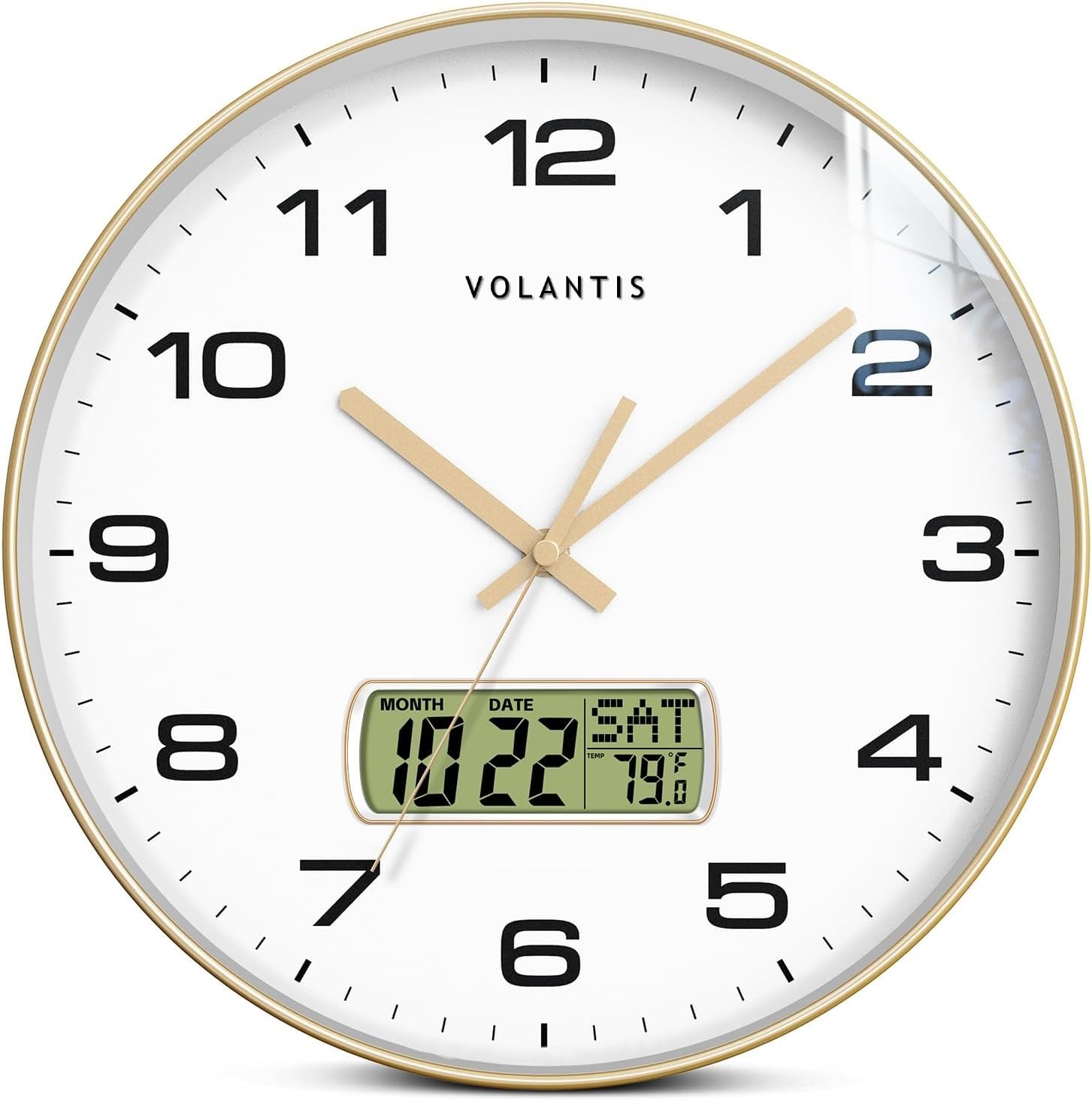 VOLANTIS 12 Inch Non-Ticking Silent Wall Clock with LCD Display for Perpetual Calendar and C° Temperature, Ideal Modern Stylish Clock for Home, Living Room, Bedroom, Office (White & Gold) - Image 2