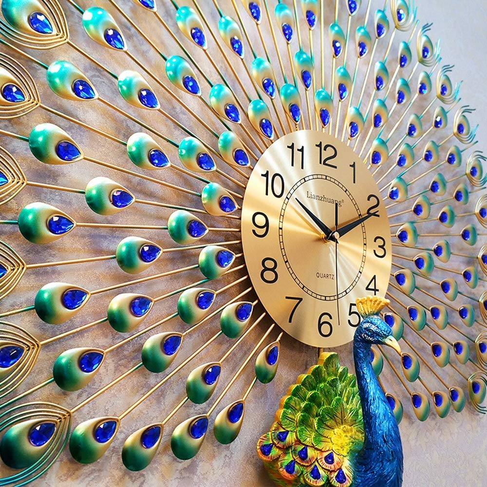 DISHIN Home Decoration European Peacock Wall Clock Crystal Luxury Living Room Creative Personality Art, Metal, Blue, Birds, 7W x 72H Centimeters,Analog (Peacock) - Image 5