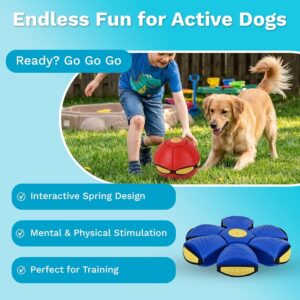 Furry Freak 2-in-1 UFO Magic Ball Dog Toy | Interactive Collapsible Flying Disc & Spring Ball for Dogs | Pop-Up Transforming Fetch Toy for Outdoor Training, Exercise & Playtime (Blue)