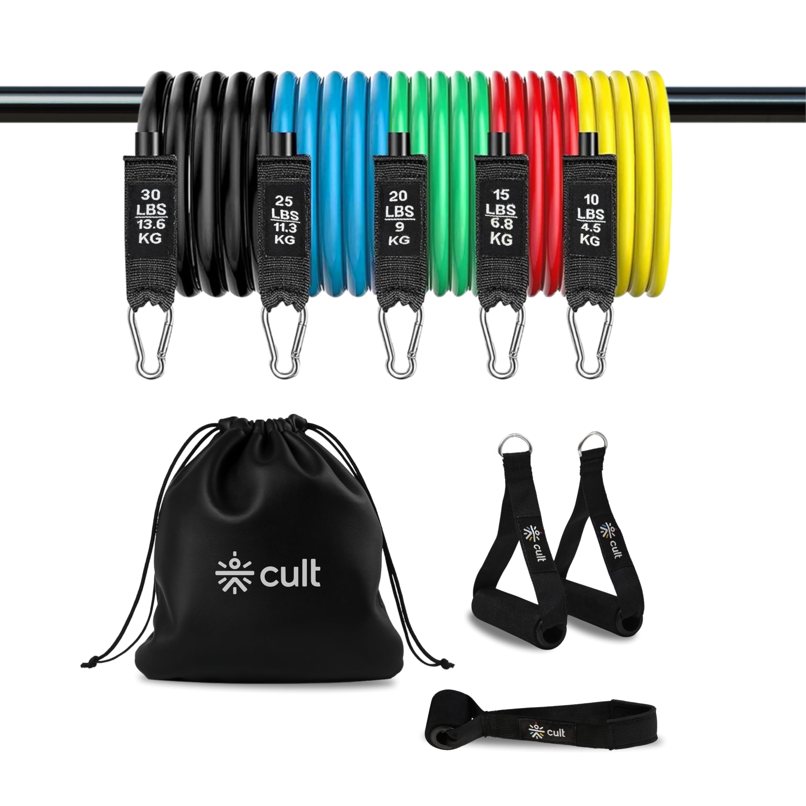 Cult Resistance Bands Set of 11 with Handles, Door Anchor, Ankle Straps & Carry Bag – Heavy Duty Toning Tubes for Full Body Workout, Strength Training, Home Gym & Fitness (Up to 45kg Resistance) - Image 2