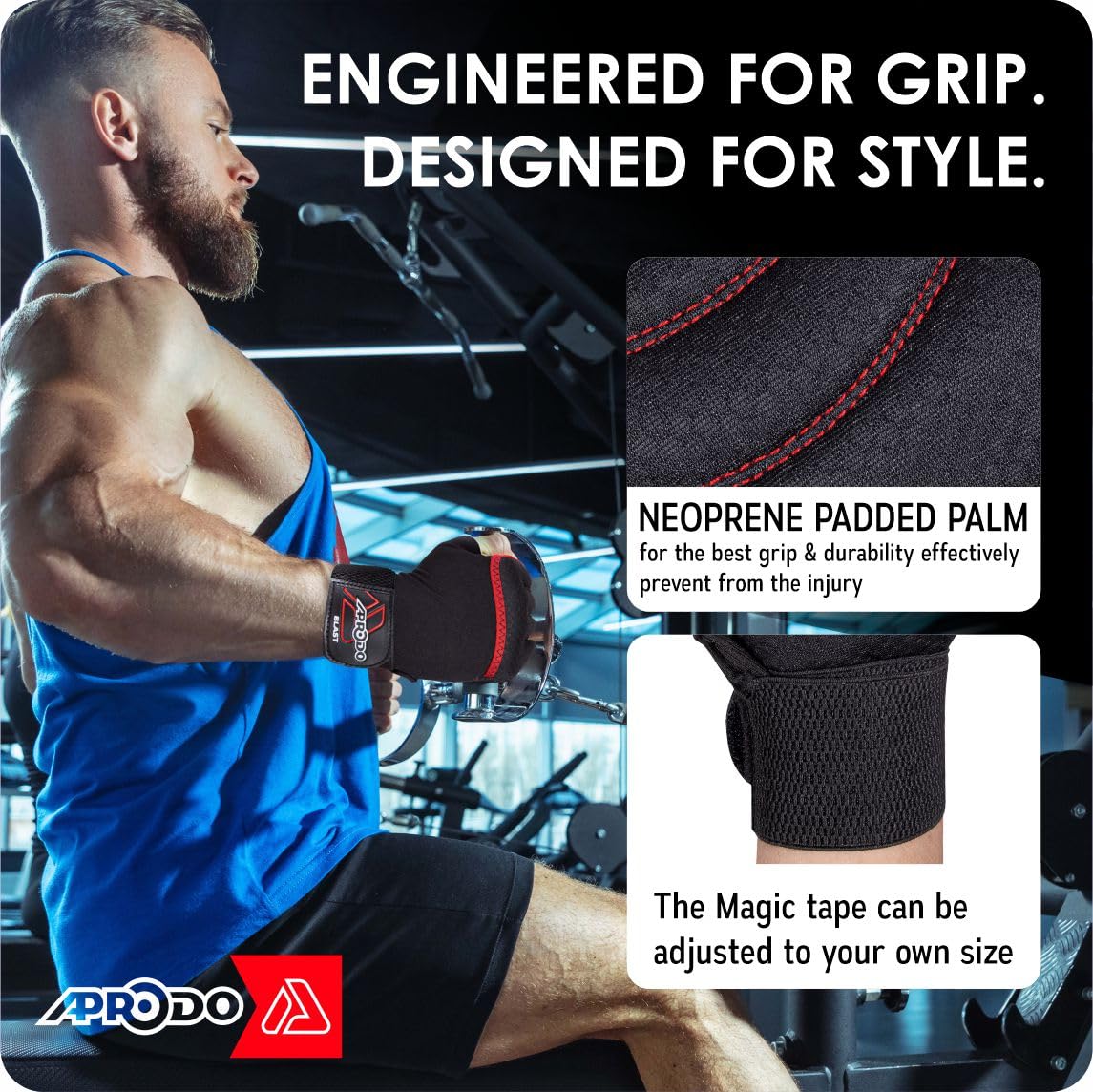 Aprodo Neoprene Half Finger Workout Gym Gloves with Wrist Support Strap | 1 Pair - Free Size (Red-Black) | Fitness Gloves with Breathable Non-Slip Grip | Wrist Band for Dumbbell, Exercise - Image 3