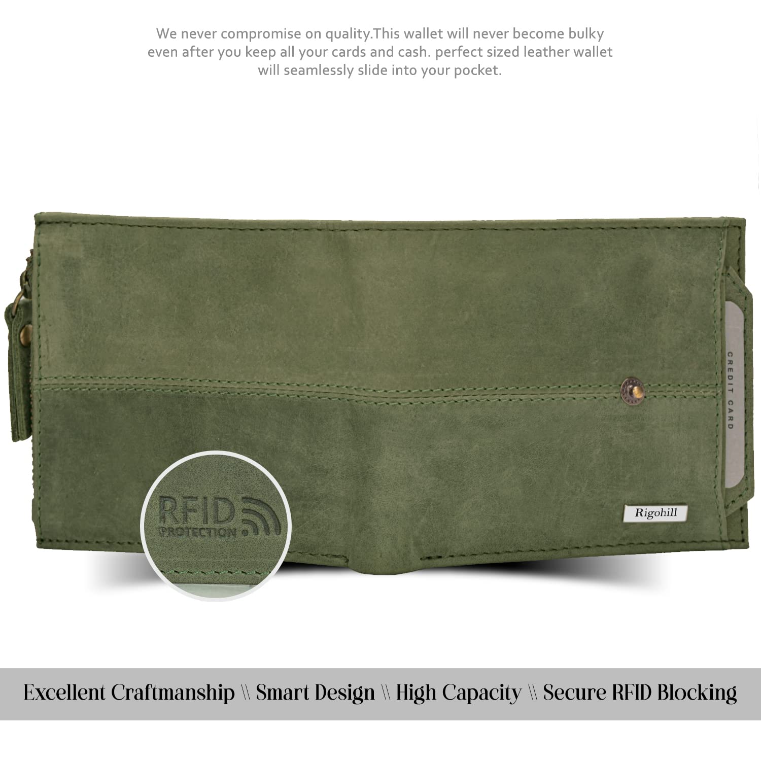 Rigohill Doger Olive Green Leather Wallet For Men, 2 Card Slot | RFID Wallet - Image 7