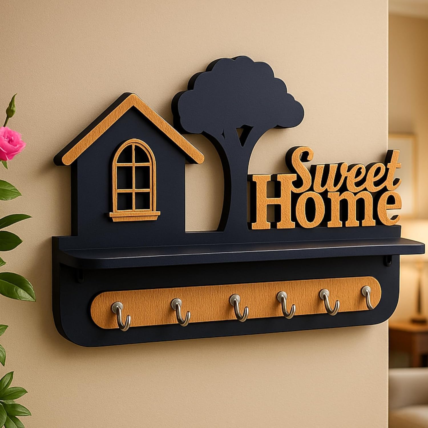 VD CRAFTS Premium Key Holder with 7 Key Hanger Hooks | Self Adhesive 3D Designed Key Holder with Sweet Home Carvings and Decorative Shelf with Stainless Steel Hooks and Double Side Tape - Image 3
