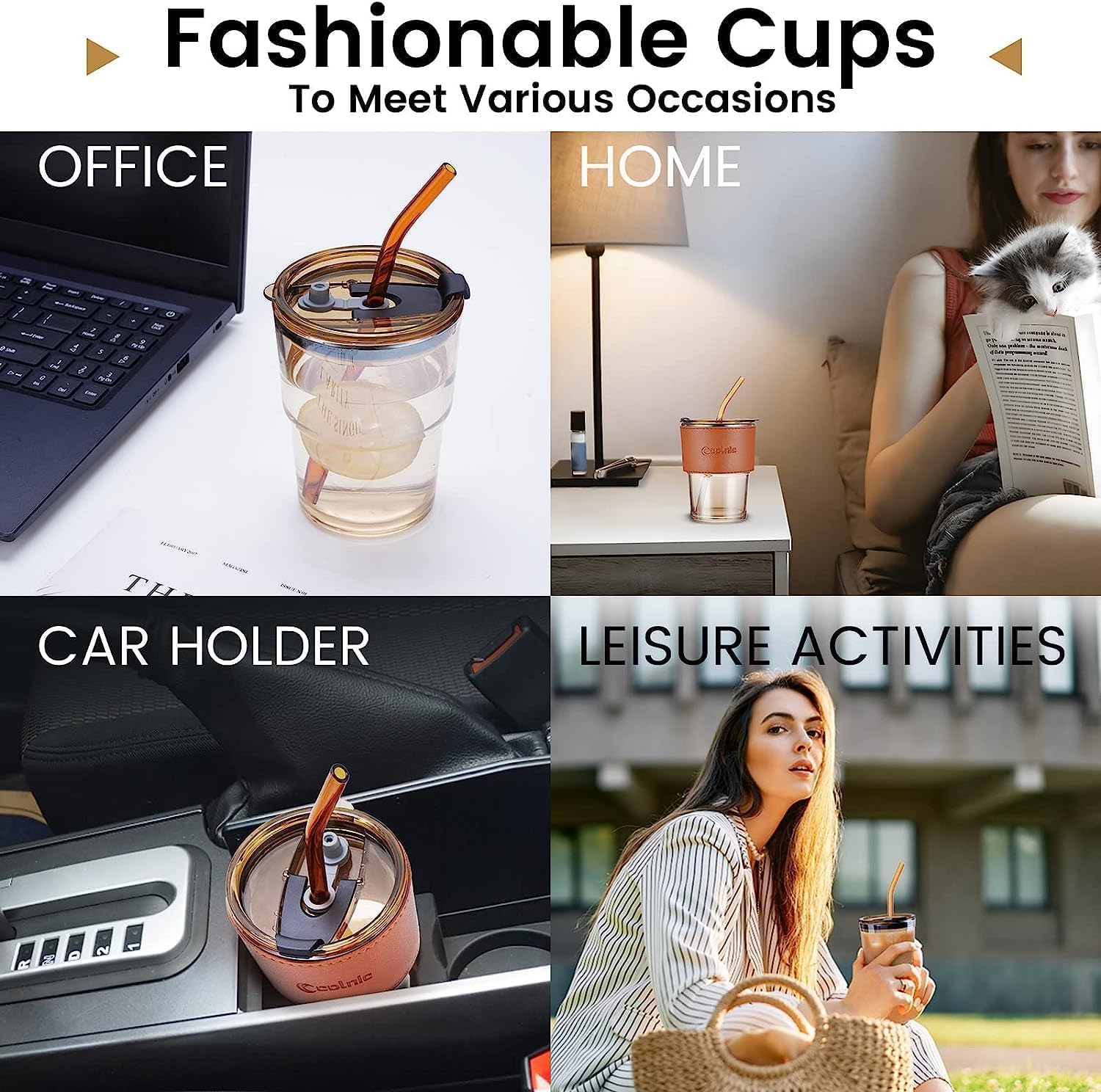 SKDBPM Customised Glass Mug with Name Personalised Coffee Glass with Leather Sleeve & Straw Unique Gift for Friends, Family, Office, Birthday, Anniversary Eco-Friendly Reusable Mug