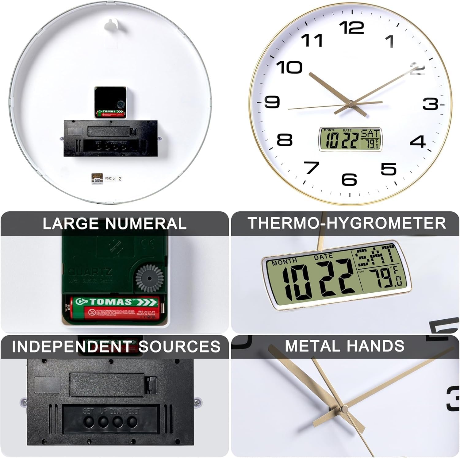 VOLANTIS 12 Inch Non-Ticking Silent Wall Clock with LCD Display for Perpetual Calendar and C° Temperature, Ideal Modern Stylish Clock for Home, Living Room, Bedroom, Office (White & Gold) - Image 4
