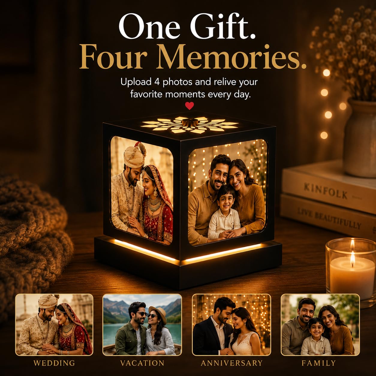 ZOCI VOCI Personalized Rotating Photo Lamp with 4 Photos for Couples – Nostalgia, Romantic Anniversary Special Gifts for Wife, Husband & Girlfriend | Customized LED Memory Lamp for Birthday & Wedding - Image 4