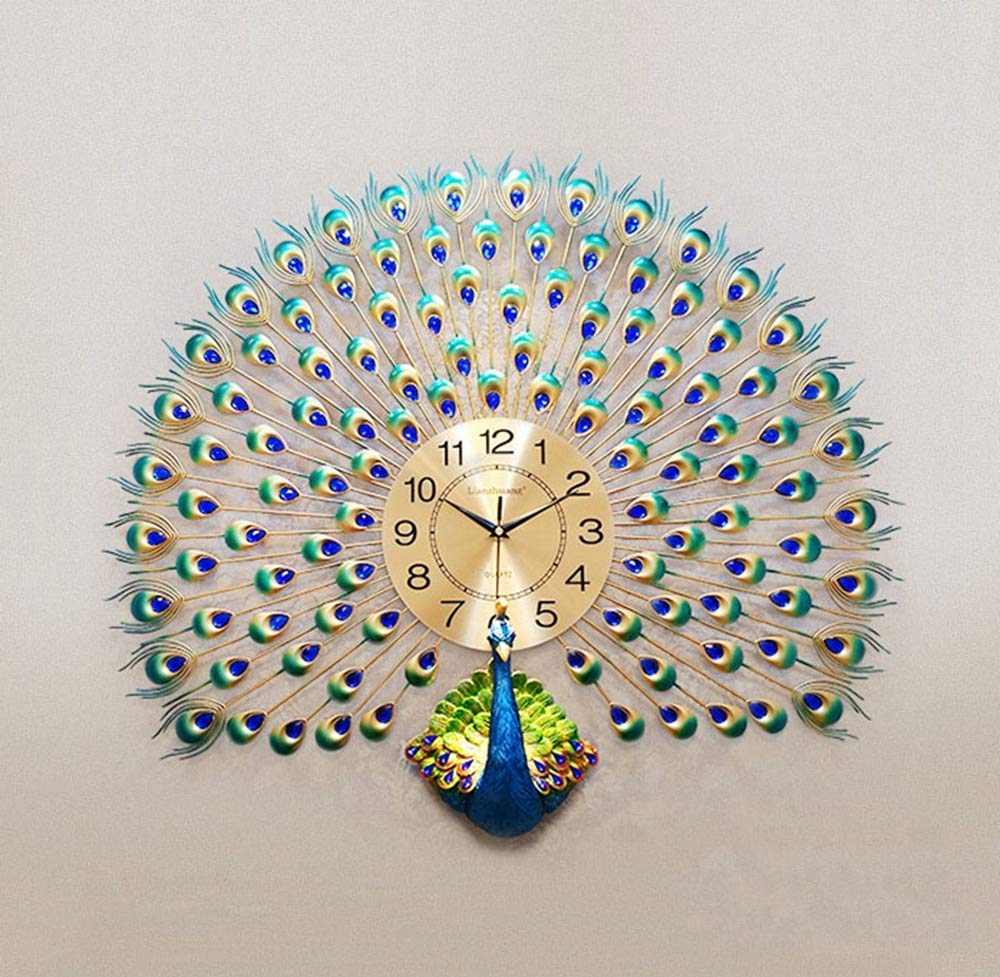DISHIN Home Decoration European Peacock Wall Clock Crystal Luxury Living Room Creative Personality Art, Metal, Blue, Birds, 7W x 72H Centimeters,Analog (Peacock) - Image 2