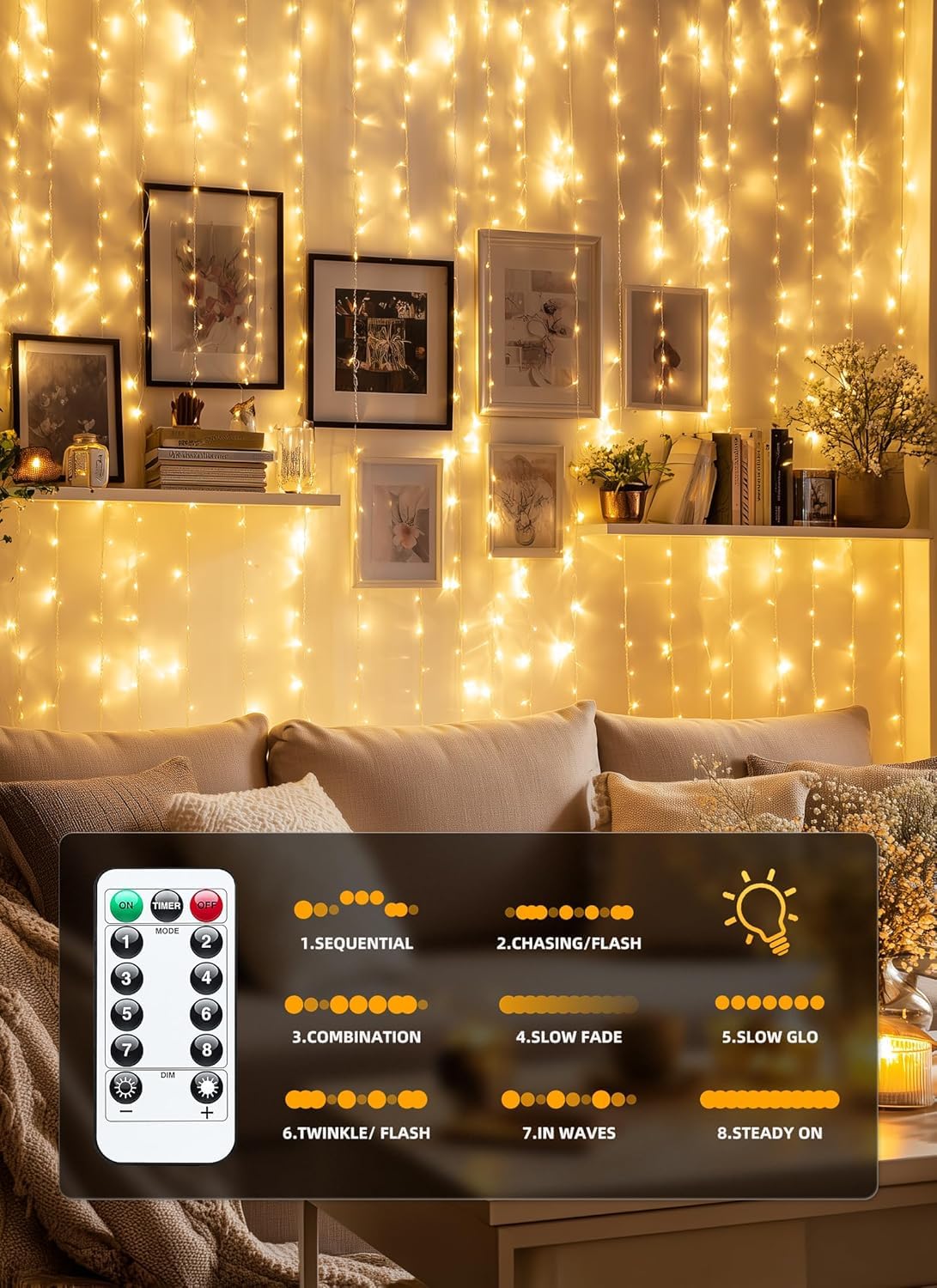 FLYNGO Fairy Curtain String Lights for Decoration, Warm White USB Powered 300 LED Lights with 8 Flashing Modes, Lights for Diwali, Christmas, Wedding, Party, Home (Fairy Curtain Warm White) - Image 3
