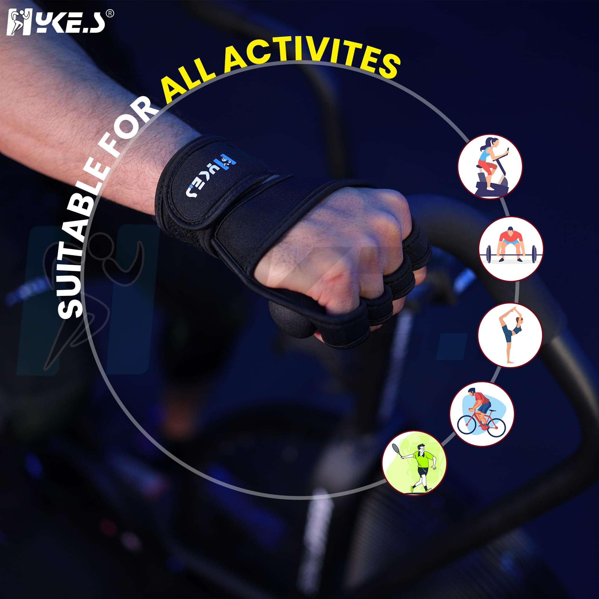 Hykes Gym Gloves - Weight Lifting Hand Grips with Wrist Wrap Support - Workout, Excercise, Fitness, Training, Powerlifting - Men and Women (Large, Neoprene, Black)