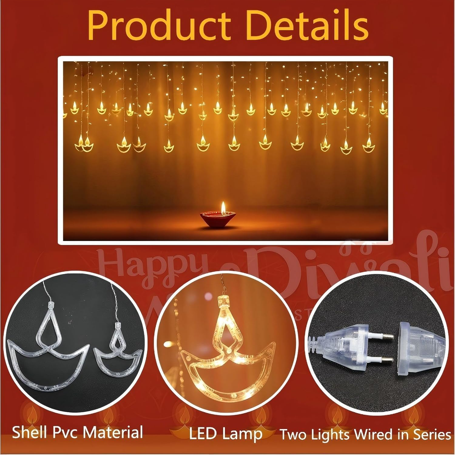 FLYNGO 12 Diya Diwali Curtain String LED Lights for Decoration, Window Lights with 8 Flashing Modes, Home Decoration for Diwali, Wedding, Party, Christmas, Balcony - Warm White (12 Diya) - Image 4
