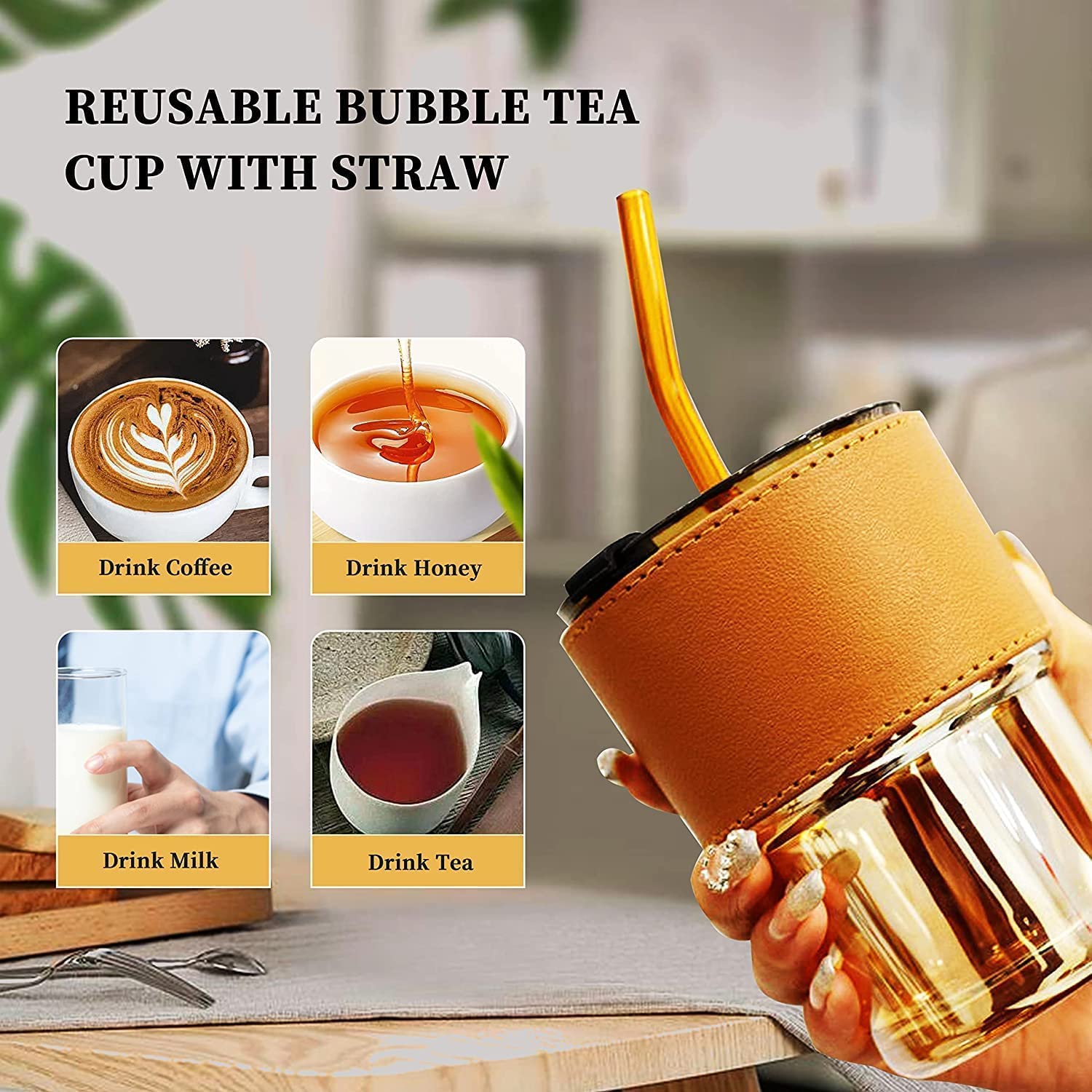 SKDBPM Customised Glass Mug with Name Personalised Coffee Glass with Leather Sleeve & Straw Unique Gift for Friends, Family, Office, Birthday, Anniversary Eco-Friendly Reusable Mug - Image 4