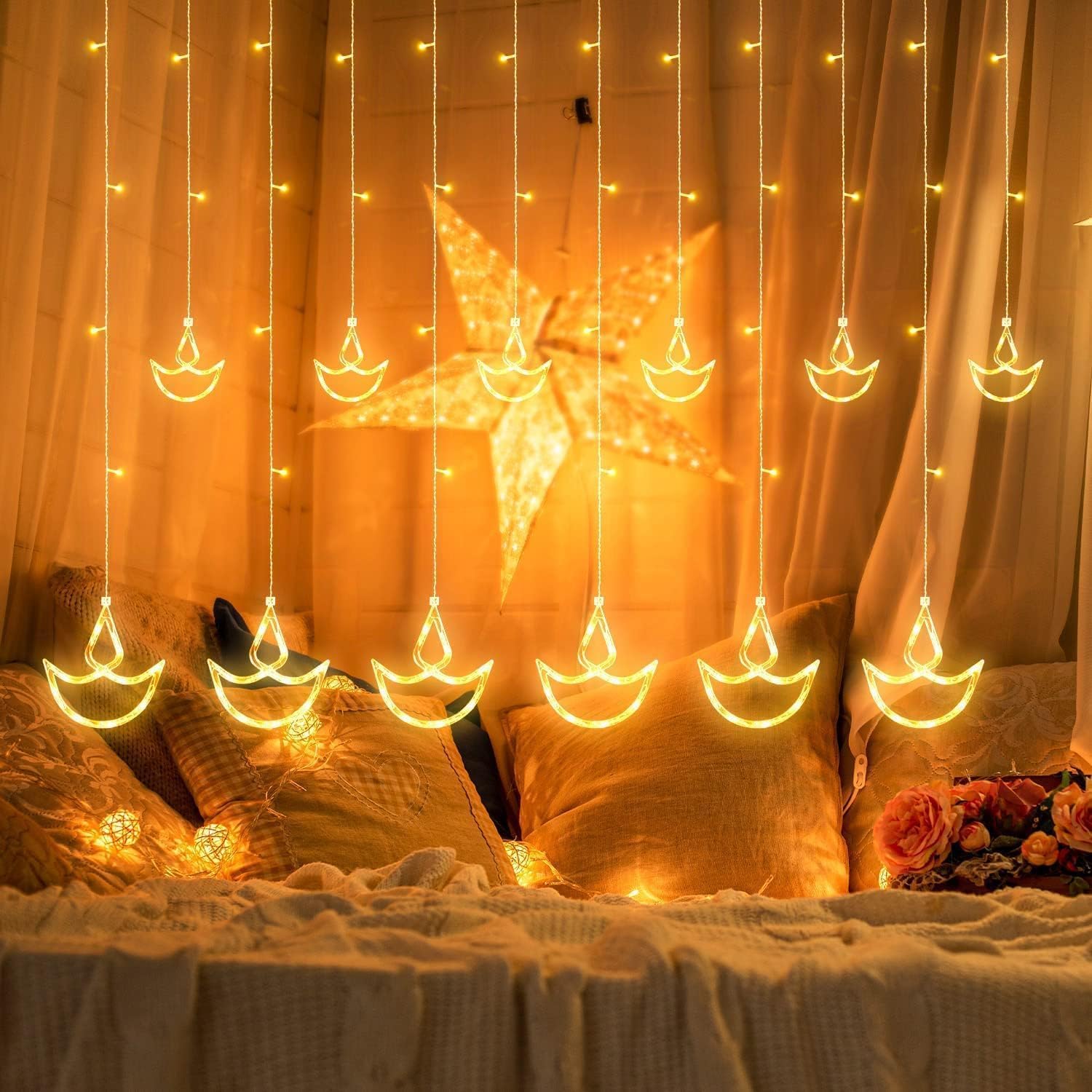 FLYNGO 12 Diya Diwali Curtain String LED Lights for Decoration, Window Lights with 8 Flashing Modes, Home Decoration for Diwali, Wedding, Party, Christmas, Balcony - Warm White (12 Diya) - Image 2