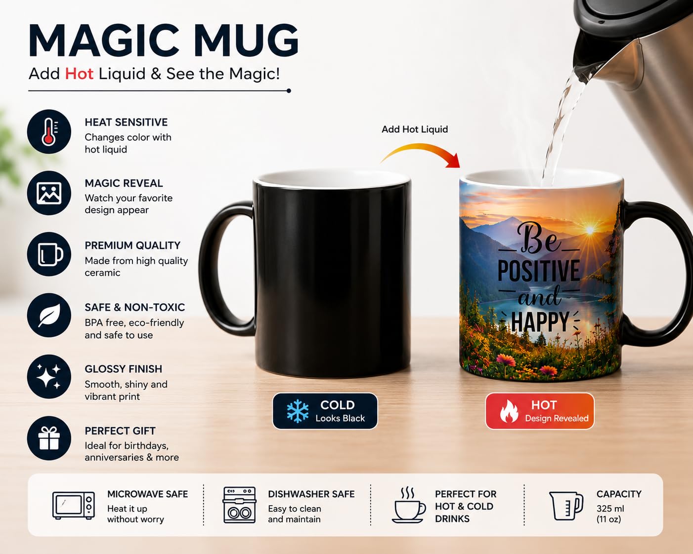 Personalized Magic Mug Custom Photo Mug Heat Sensitive Color Changing Coffee Mug Customized Gift for Birthday Anniversary Couple Gift Black 325ml - Image 7