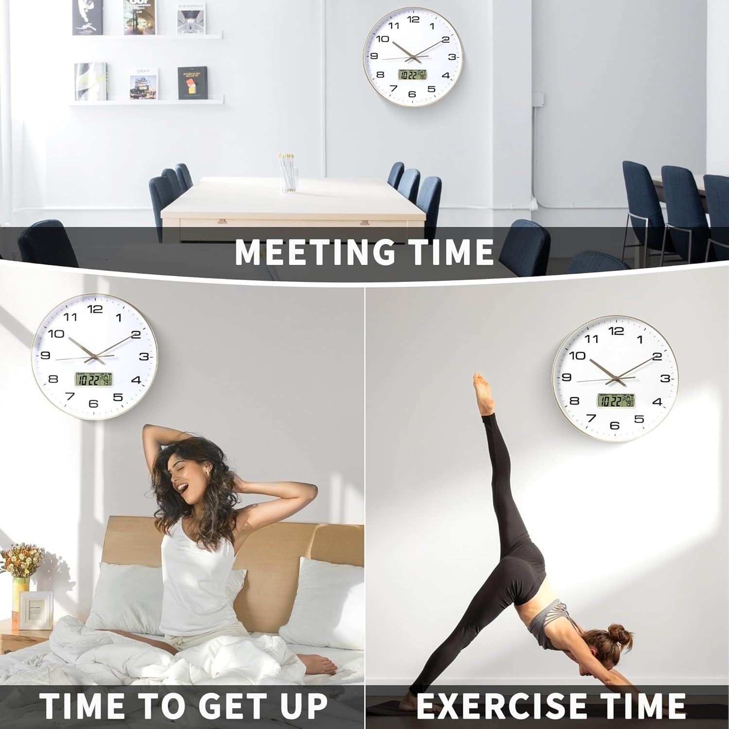 VOLANTIS 12 Inch Non-Ticking Silent Wall Clock with LCD Display for Perpetual Calendar and C° Temperature, Ideal Modern Stylish Clock for Home, Living Room, Bedroom, Office (White & Gold) - Image 8