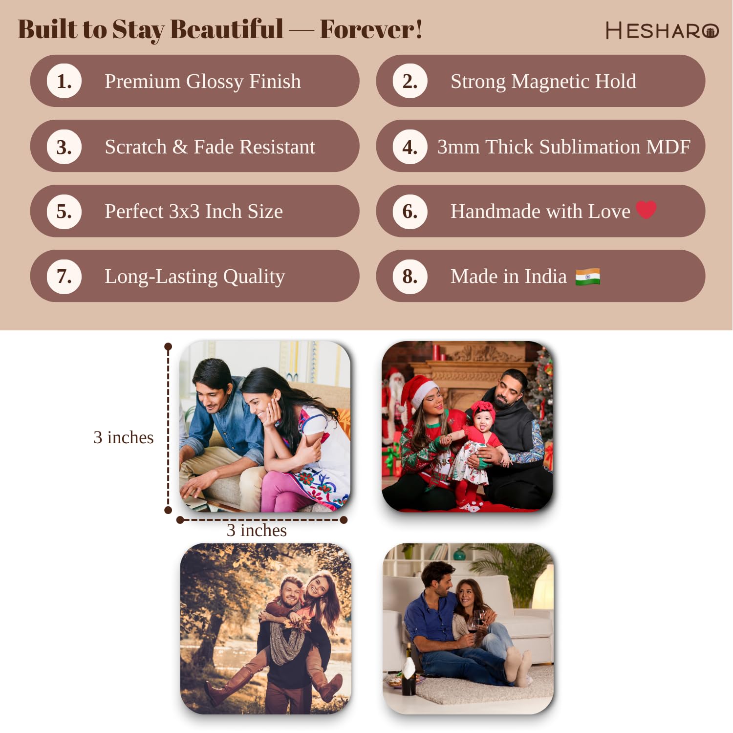Hesharo® Set of 4 Customized Photo Fridge Magnets Glossy | 3x3 Inch Strong Magnetic Photo Magnets | Fade-Proof, Handmade MDF Décor | Home Kitchen Office Gift | Made in India - Image 4