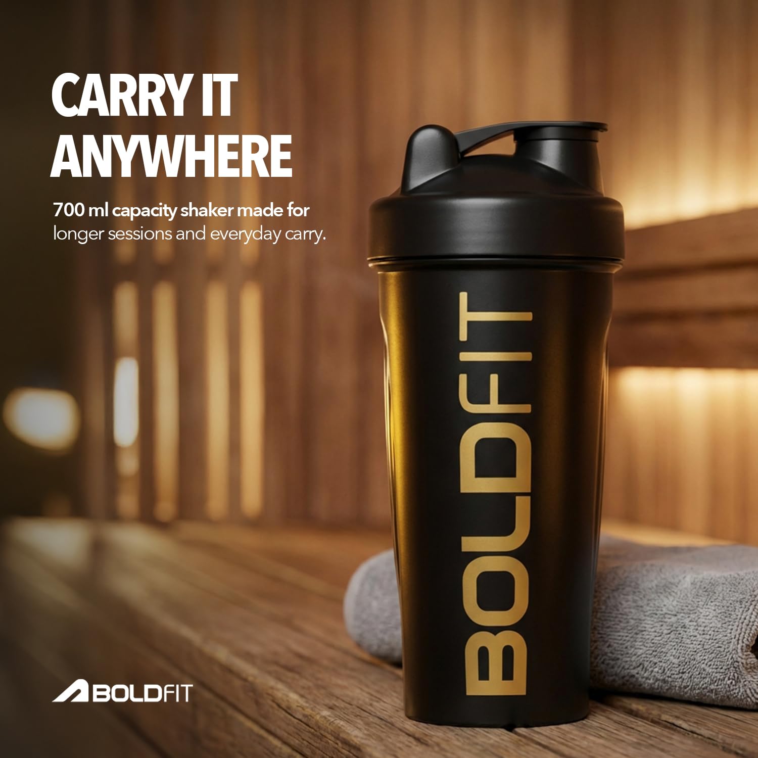 Boldfit Bold Gym Shaker Bottle 700ml, Bottles For Protein Shake 100% Leakproof Guarantee Protein Shaker/Sipper, Ideal For Protein, Pre Workout And BCAAs & Water BPA Free Material,Plastic,Black - Image 5