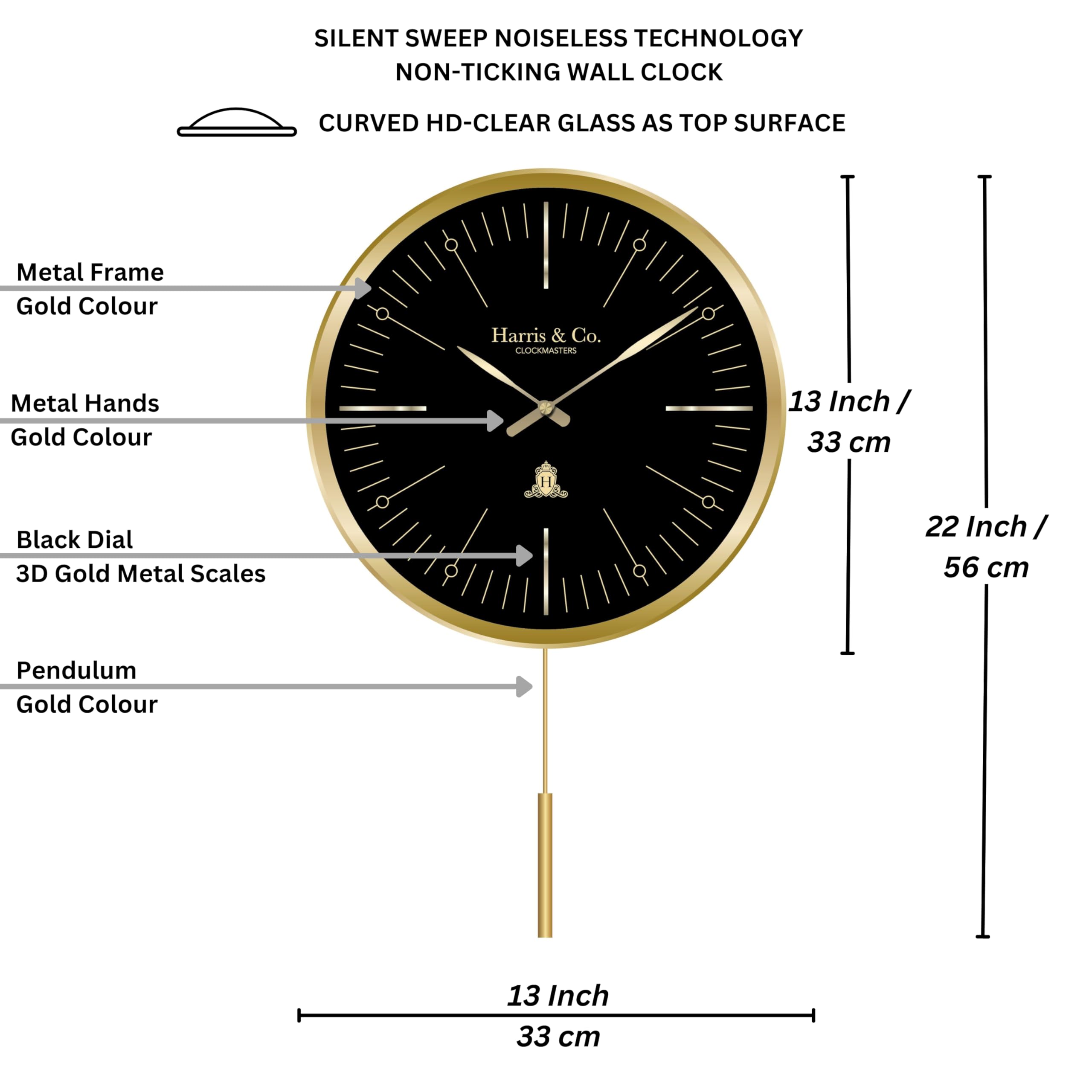 HARRIS & CO. CLOCKMASTERS Metal Luxury Pendulum Analog Wall Clock,Silent Sweep Noiseless Technology 13 Inch Gold, Model-Knightsbridge - Image 3