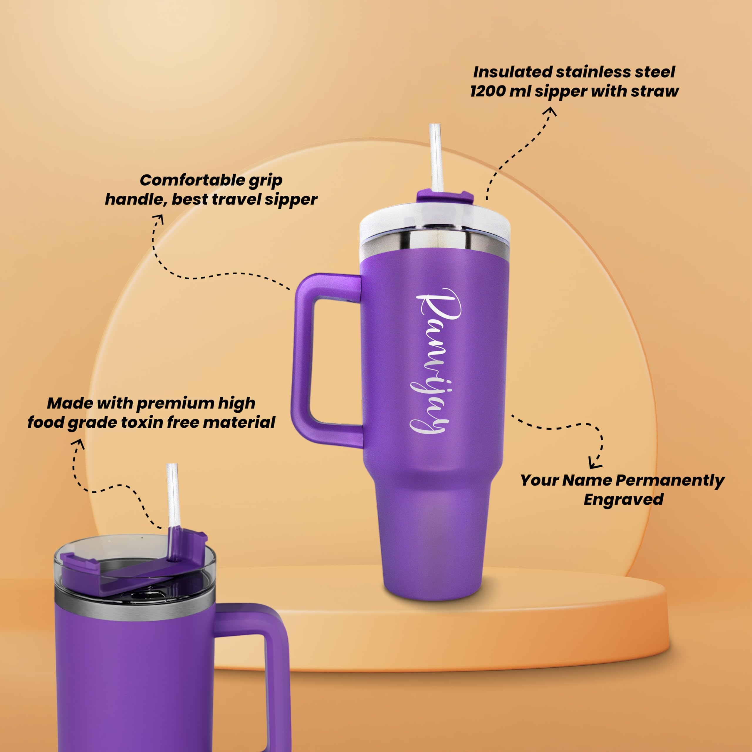 Customized Tumbler with Name, 1200 ML Stainless Steel Travel Mug with Straw, Lid & Handle, Personalised Sipper Water Bottle for Women, Men & Girls, Anniversary Birthday Gift for Office & Gym Use - Image 5