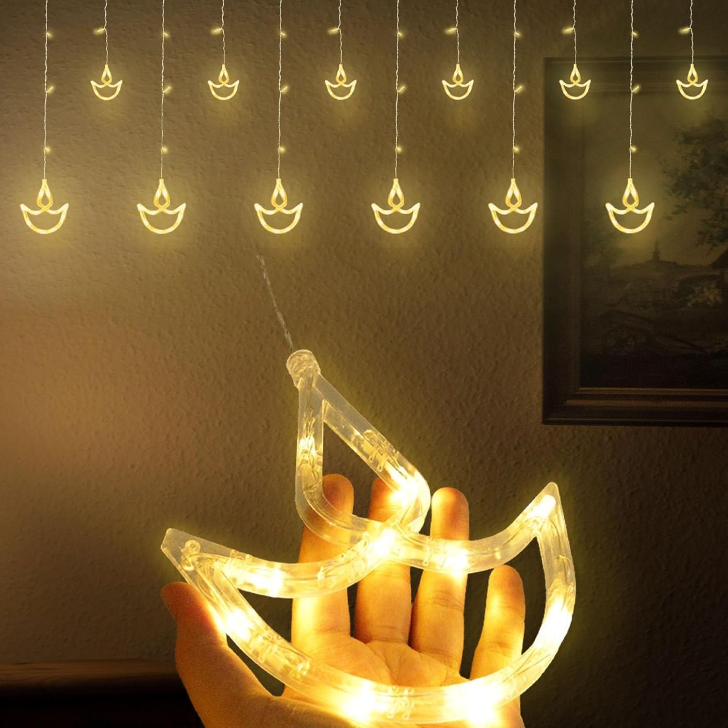 FLYNGO 12 Diya Diwali Curtain String LED Lights for Decoration, Window Lights with 8 Flashing Modes, Home Decoration for Diwali, Wedding, Party, Christmas, Balcony - Warm White (12 Diya) - Image 3