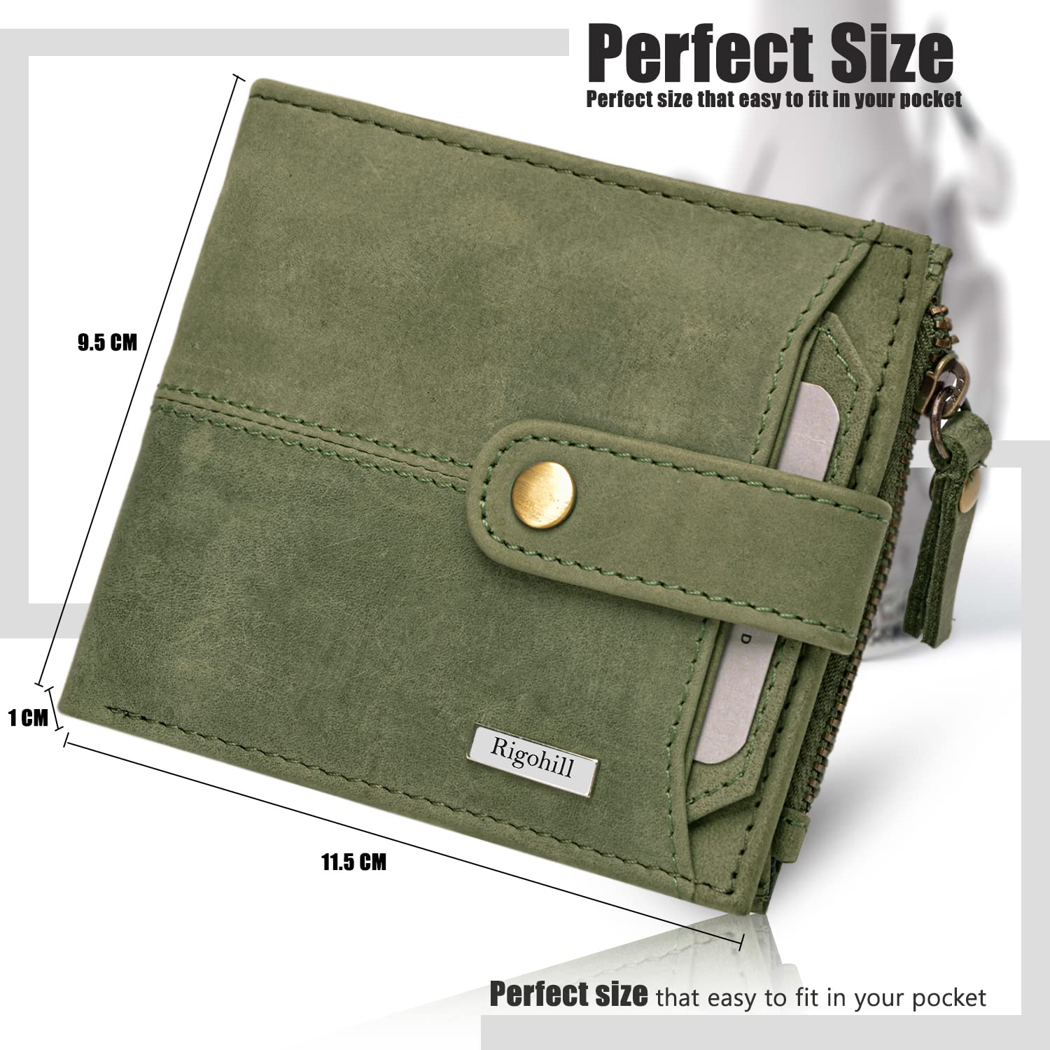 Rigohill Doger Olive Green Leather Wallet For Men, 2 Card Slot | RFID Wallet - Image 5