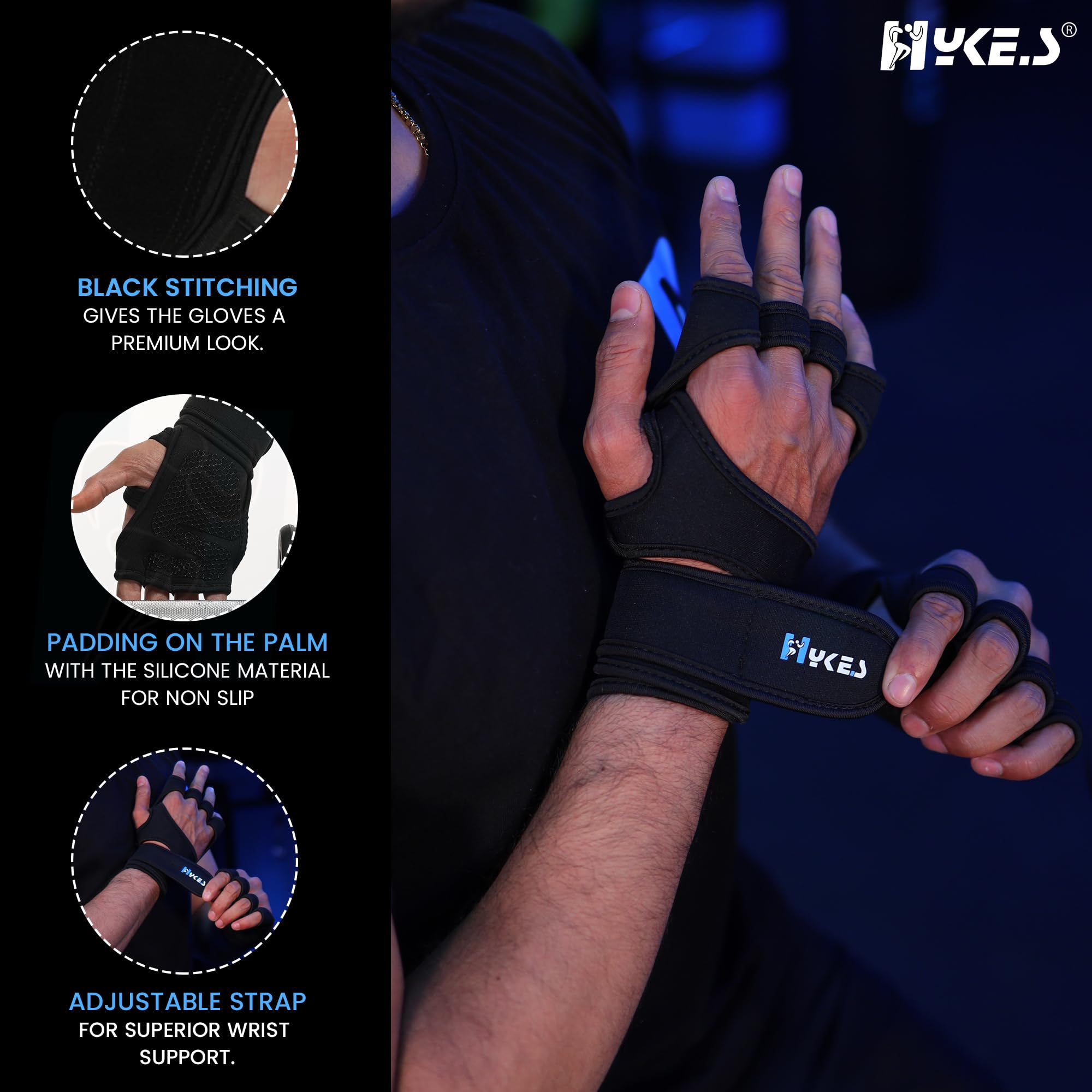 Hykes Gym Gloves - Weight Lifting Hand Grips with Wrist Wrap Support - Workout, Excercise, Fitness, Training, Powerlifting - Men and Women (Large, Neoprene, Black) - Image 3