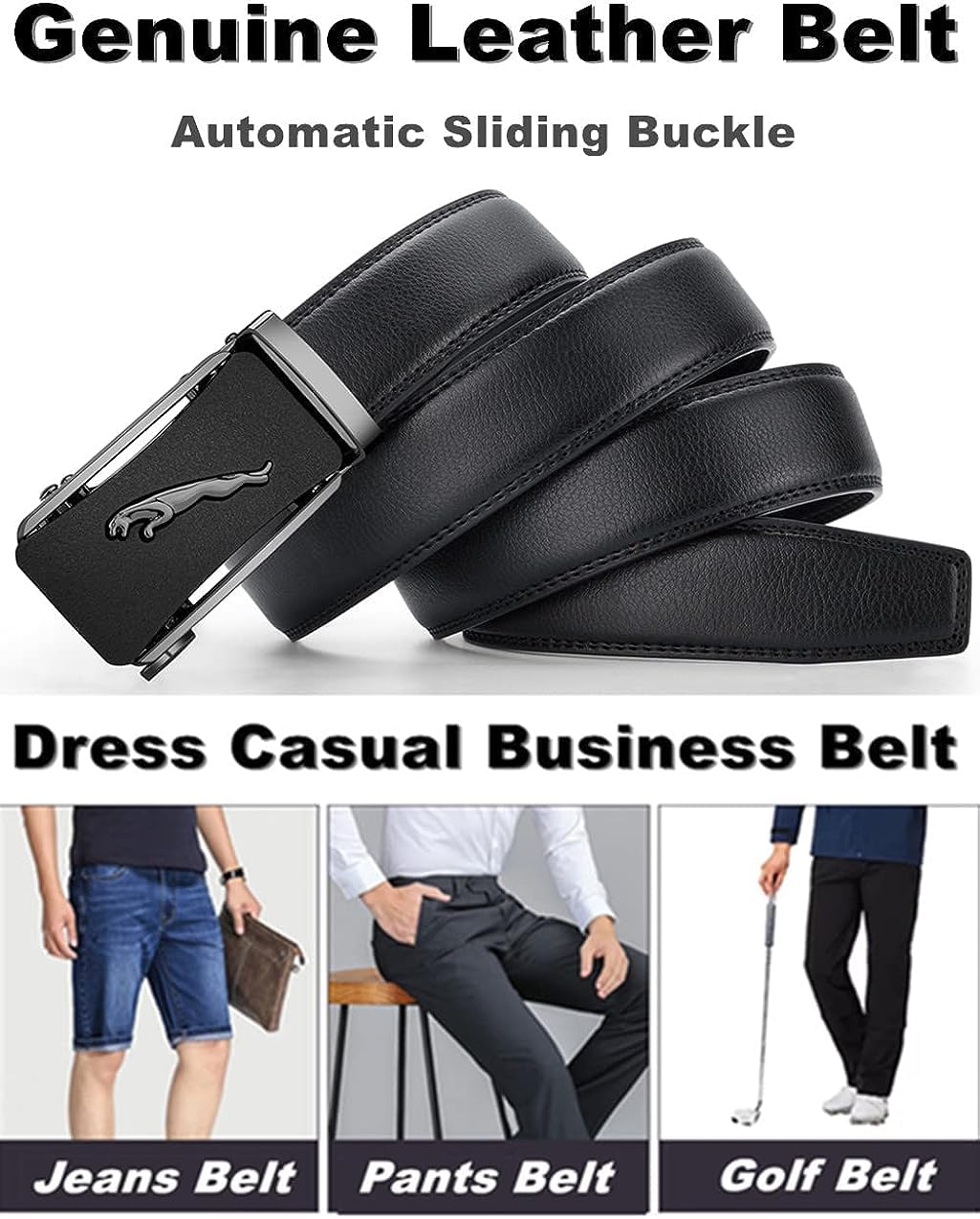 Contacts Genuine Leather Belt for Men with Easier Adjustable Autolock Buckle - Micro Adjustable Belt Fit Everywhere |Formal & Casual | Elegant Gift Box - (60-Black-Waist Size Fit From 28" to 42") - Image 4