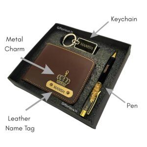 Giftorious Customised Leather Original Wallet Pen Keychain Gifting Hamper Set for Men with Name (Brown), Personalized Stylish Purse Combo, Gift for Husband, Boyfriend, Birthday, Valentine's Day
