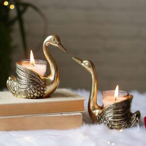 BEHOMA Aluminium Pair of Swans with Gift Box for Good Luck | Feng Shui Love Gifts Candle Holder for Home Decor Living Room | Showpiece Anniversary Wedding Gifts for Couple (Candles not Included) Gold