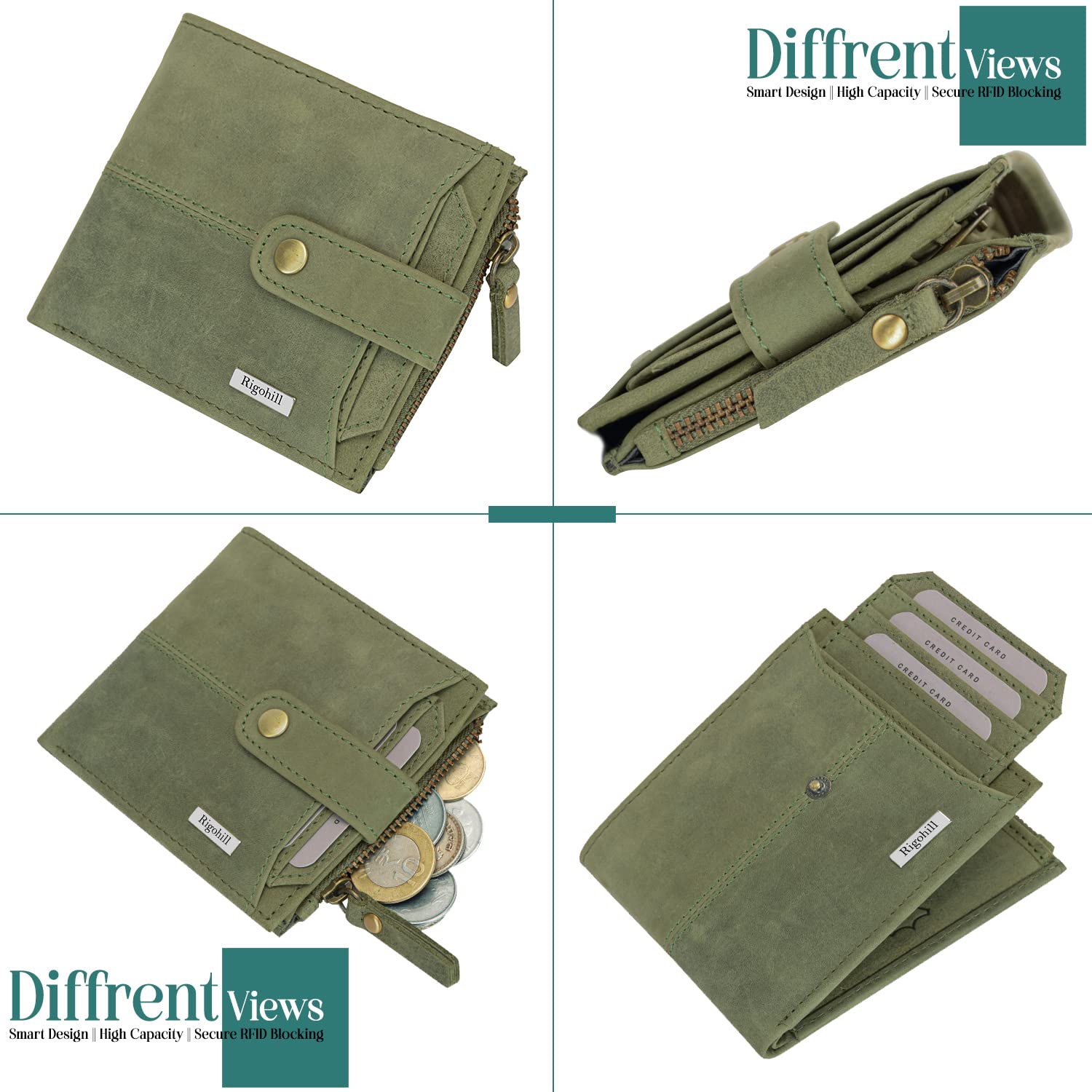 Rigohill Doger Olive Green Leather Wallet For Men, 2 Card Slot | RFID Wallet - Image 4