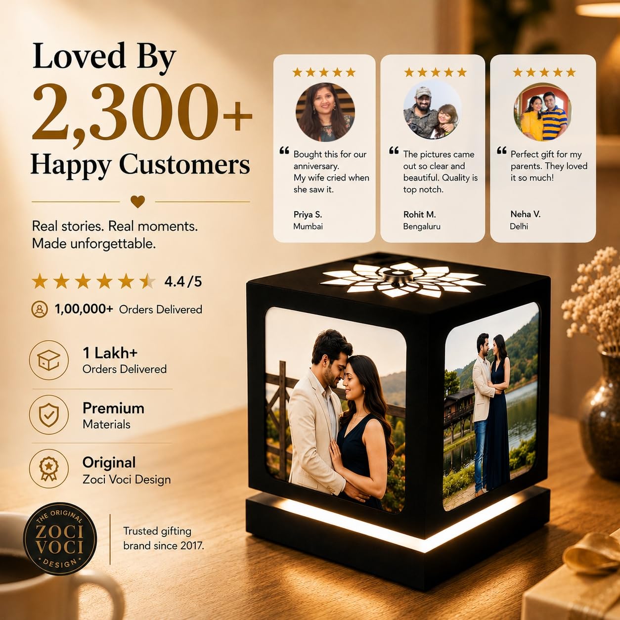 ZOCI VOCI Personalized Rotating Photo Lamp with 4 Photos for Couples – Nostalgia, Romantic Anniversary Special Gifts for Wife, Husband & Girlfriend | Customized LED Memory Lamp for Birthday & Wedding - Image 3