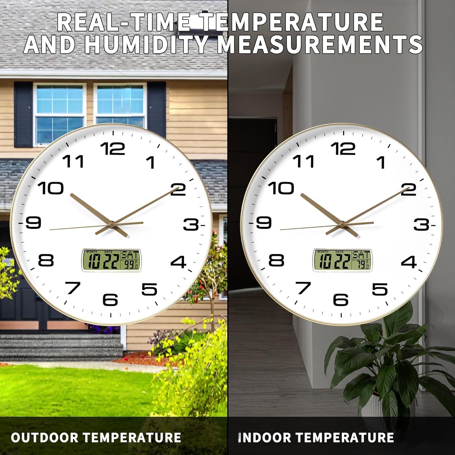 VOLANTIS 12 Inch Non-Ticking Silent Wall Clock with LCD Display for Perpetual Calendar and C° Temperature, Ideal Modern Stylish Clock for Home, Living Room, Bedroom, Office (White & Gold) - Image 9