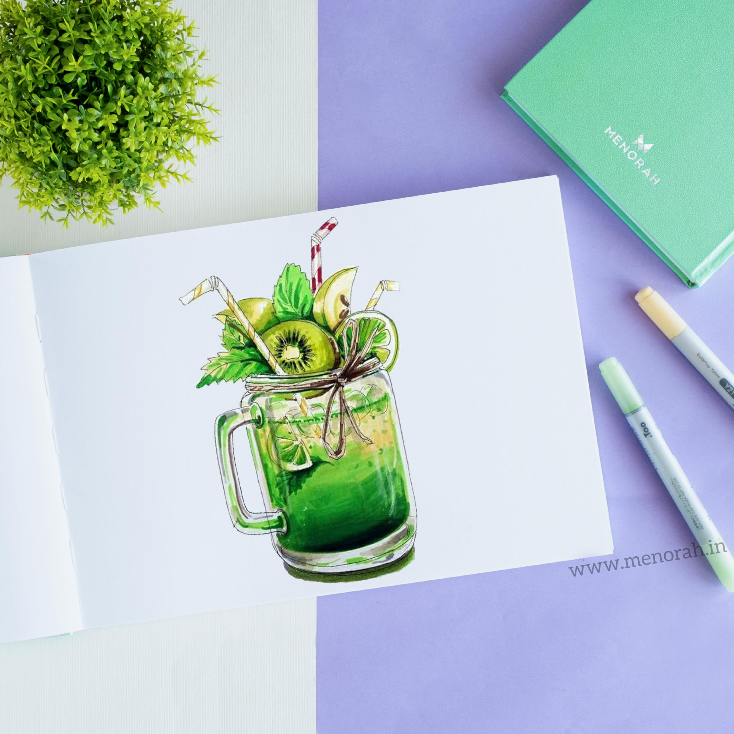 MENORAH - A4 Sketch Book for Artist -140 GSM -(58 Sheets/116 Pages) – A4 Stylish Art Journal for Girls - (Size - 21.0 cm x 29.7 cm) -Handmade-CASSATA Sketchbook (Sweet Mint - Butterfly) - Landscape - Image 4