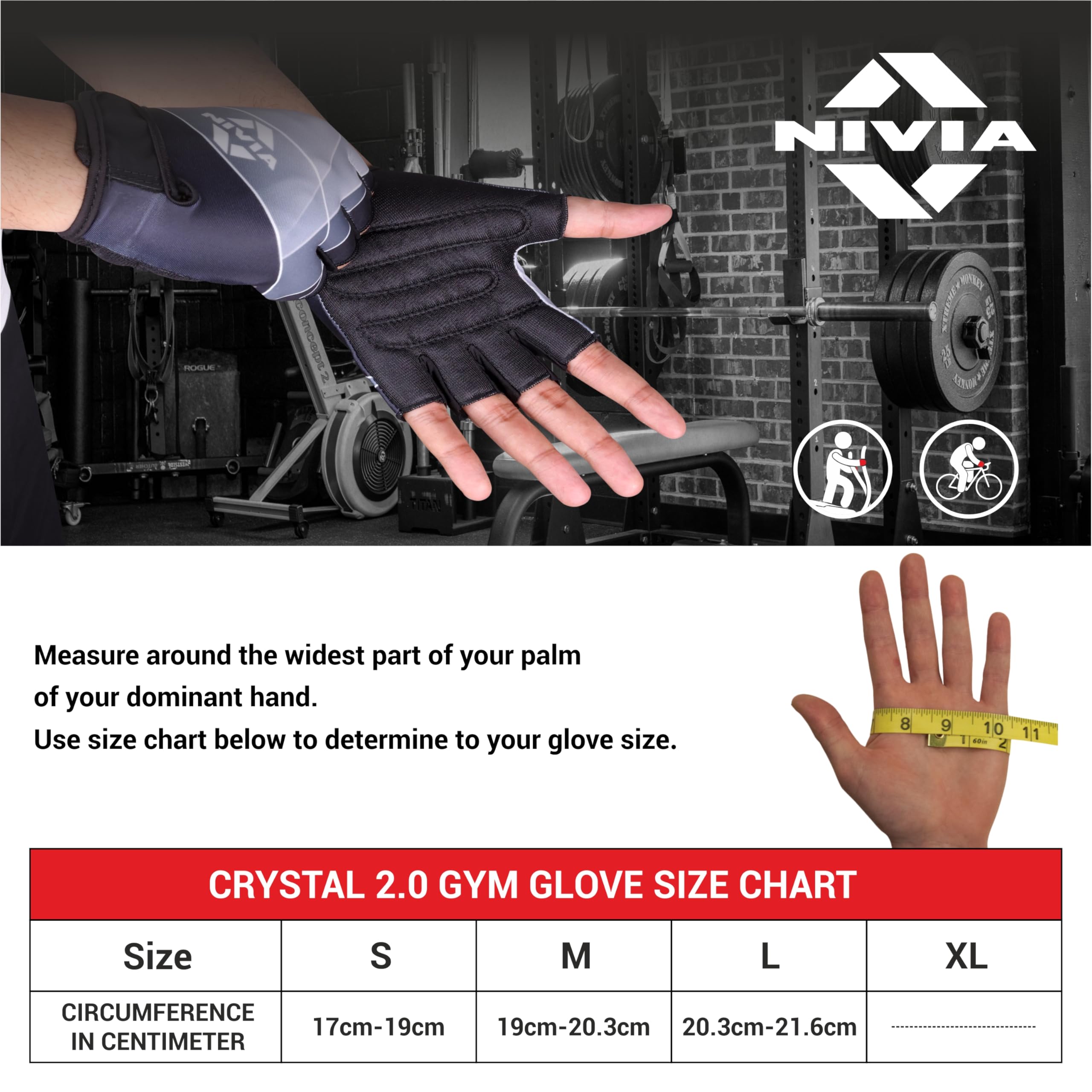 Nivia Crystal 2.0 Gym Gloves for Men & Women, Dotted Padded Palm with Breathable Fabric & Stretch Gussets Between Fingers, Ideal for Cycling, Crossfit, Weightlifting & Fitness Workouts (Black, L)