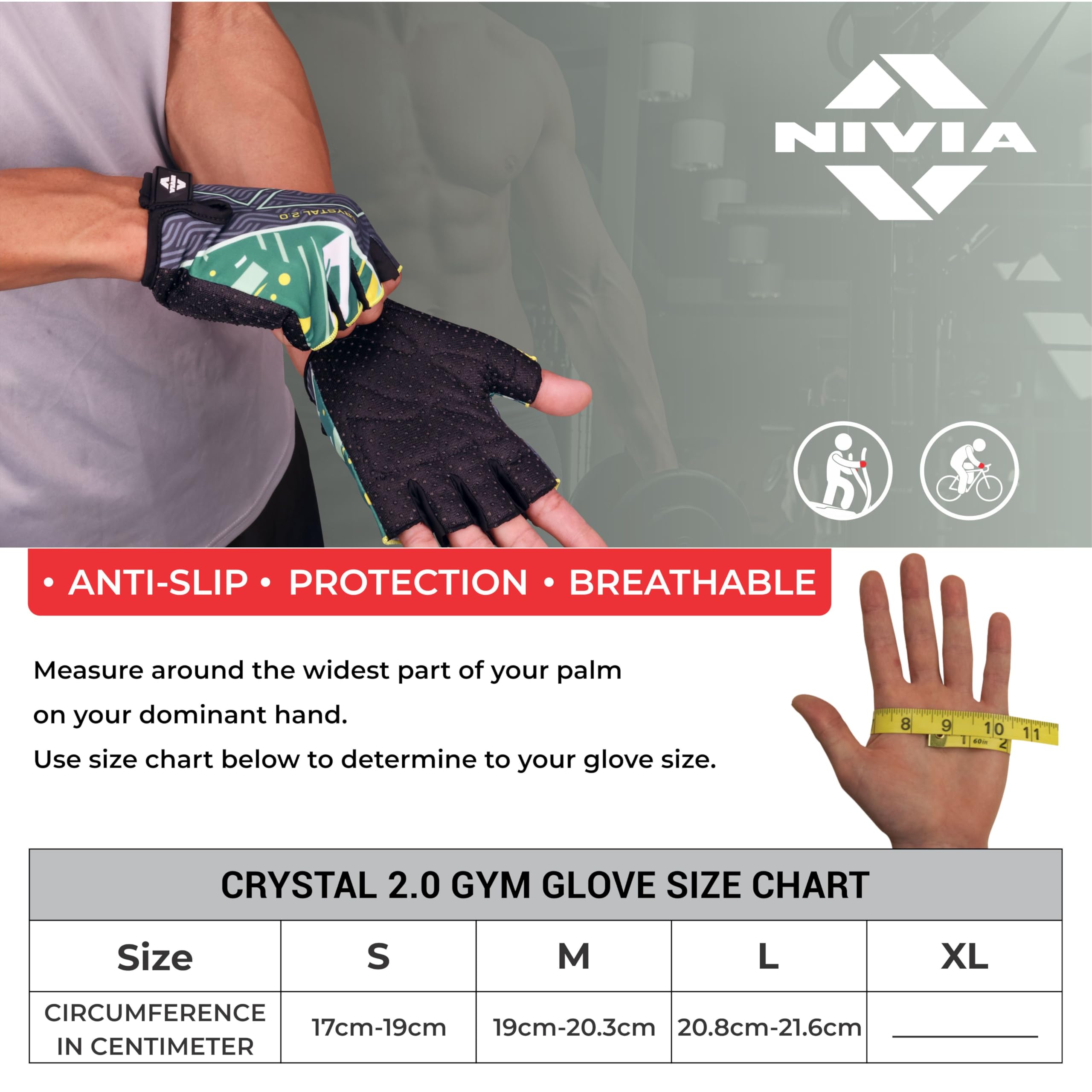 Nivia Crystal 2.0 Gym Gloves for Men & Women, Dotted Padded Palm with Breathable Fabric & Stretch Gussets Between Fingers, Ideal for Cycling, Crossfit, Weightlifting & Fitness Workouts (Green, L)