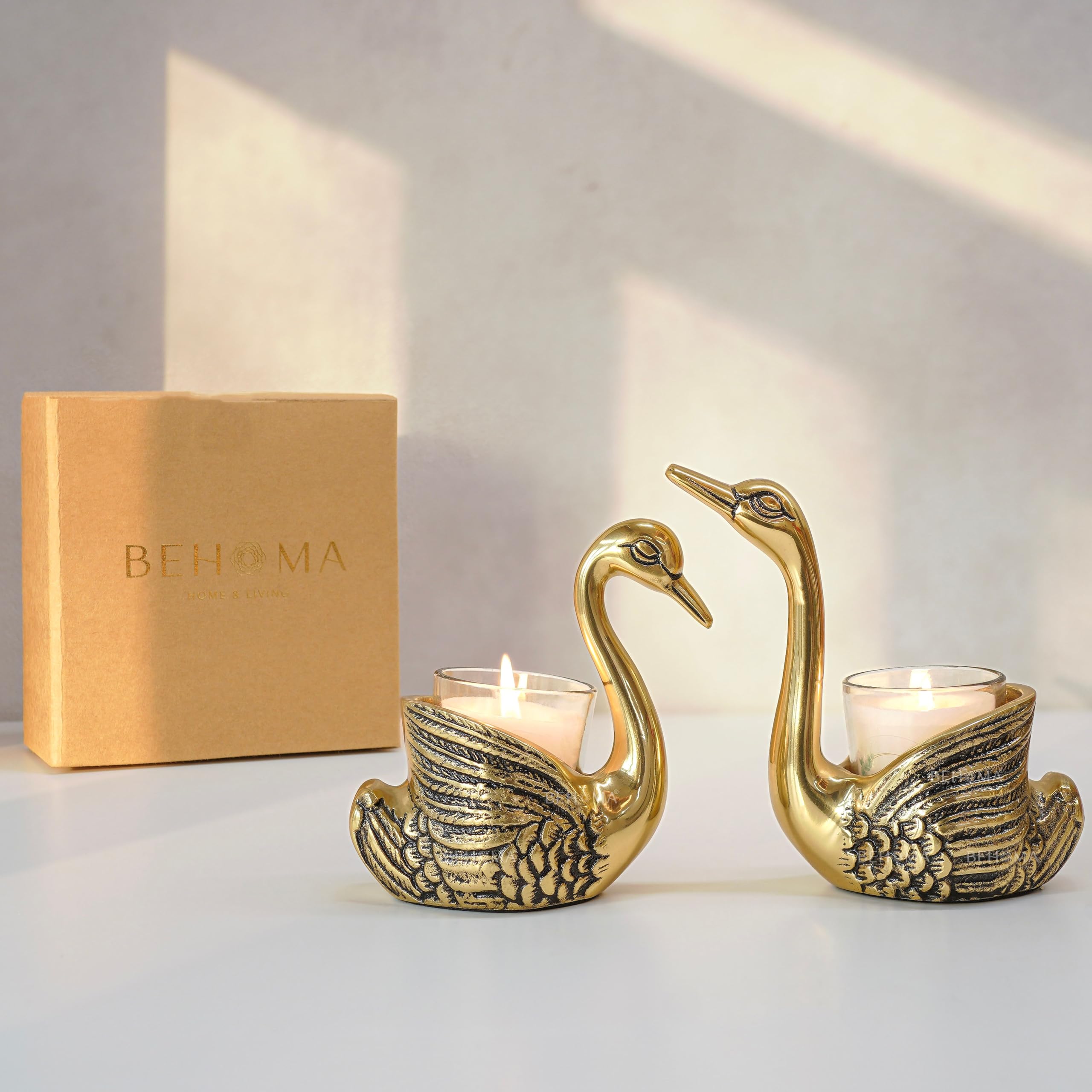 BEHOMA Aluminium Pair of Swans with Gift Box for Good Luck | Feng Shui Love Gifts Candle Holder for Home Decor Living Room | Showpiece Anniversary Wedding Gifts for Couple (Candles not Included) Gold - Image 6